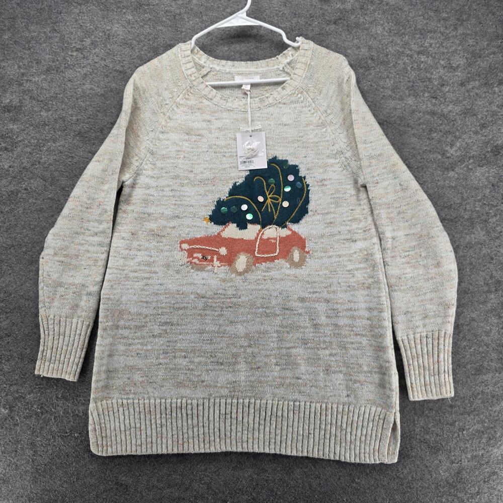 LC LAUREN CONRAD Sweater Womens L White Graphic Tunic Christmas Embellished
